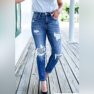 NWT Risen Eras Tour Dark Wash Mid-Rise Sequin Patch Tapered Jeans Size 32